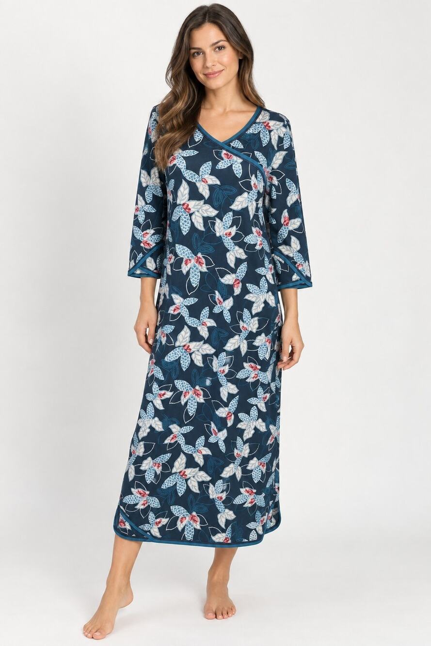 Garnet Hill Organic Cotton Blue Floral Midi Asian Wrap Gown XS